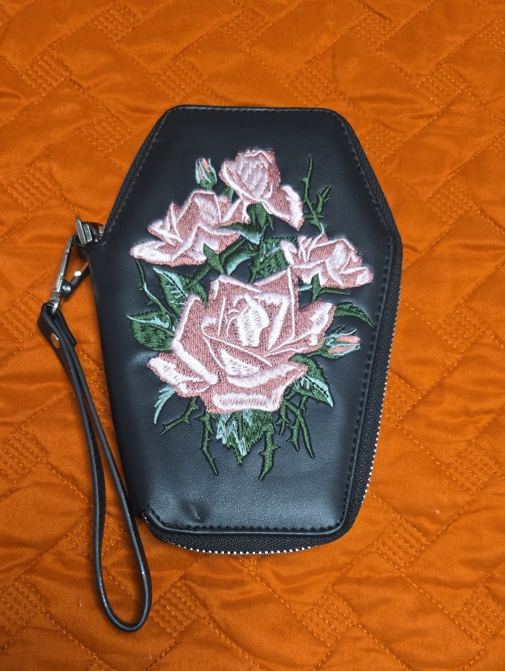 Widow Black Coffin Wristlet Clutch with Pink Rose Embroidery